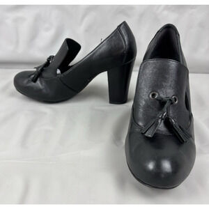 Born Womens Kylin Pump Size 8 Black Leather Block Heel Tassel Loafer Shoe